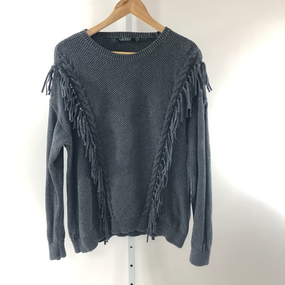 Lauren Ralph Lauren Gray Fringe Sweater L - Picture 7 of 7